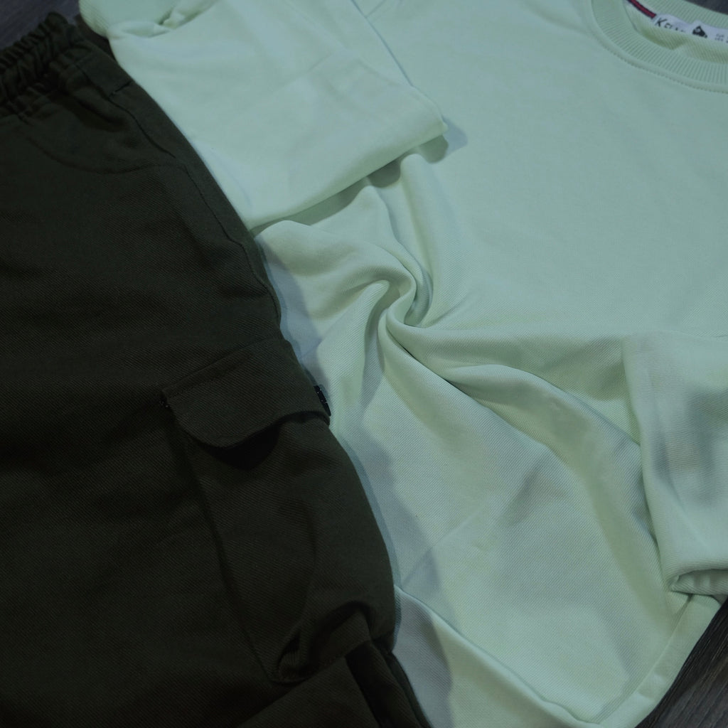 Ensemble Cargo Kaki Fonce + Sweat Vert Eau