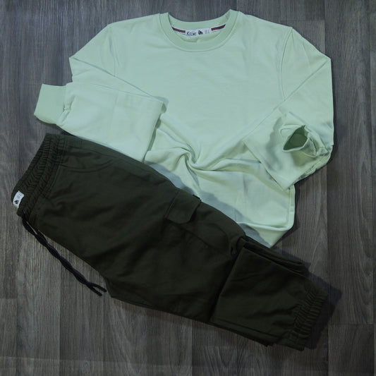 Ensemble Cargo Kaki Fonce + Sweat Vert Eau