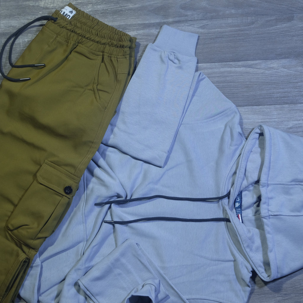 Ensemble Cargo Kaki Olive + Capuche Cotton Gris Clair
