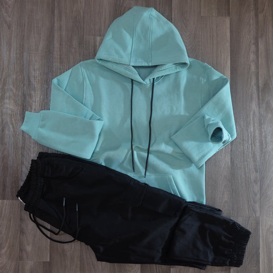 Ensemble Cargo Noir + Capuche Cotton Vert Eau