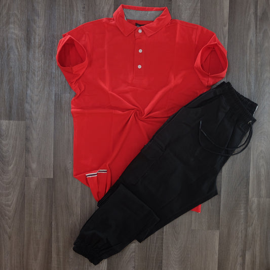 Ensemble Cargo Noir + Polo Rouge