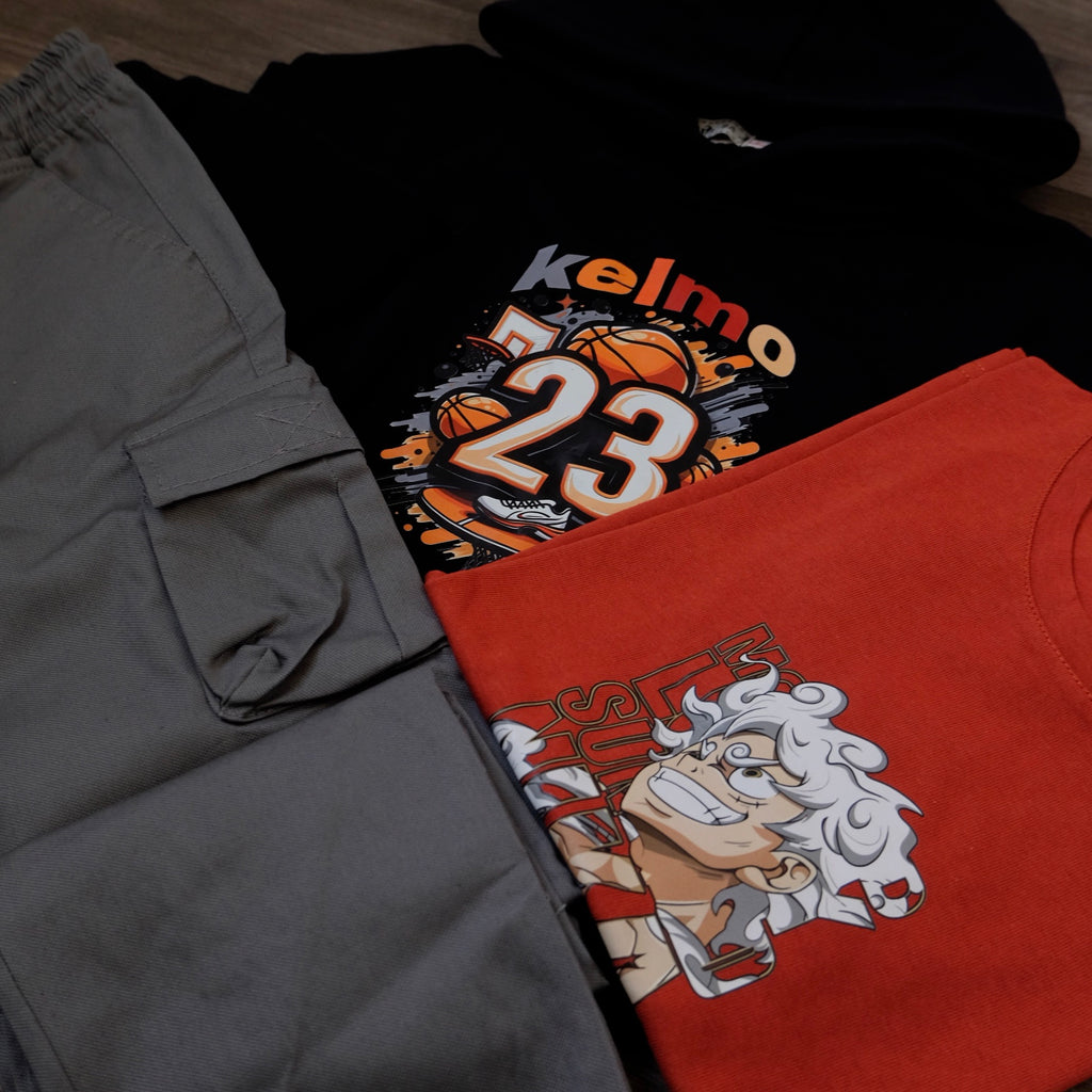 Ensemble Enfant 3 Pieces Capuche Bleu Nuit Jord + Cargo Gris Fonce+ T-Shirt Roge Brique Luffy