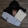 Ensemble Enfant 3 Pieces Capuche Bleu Nuit Jord + jogging Cargo Ciel Clair + T-Shirt Gris Chine