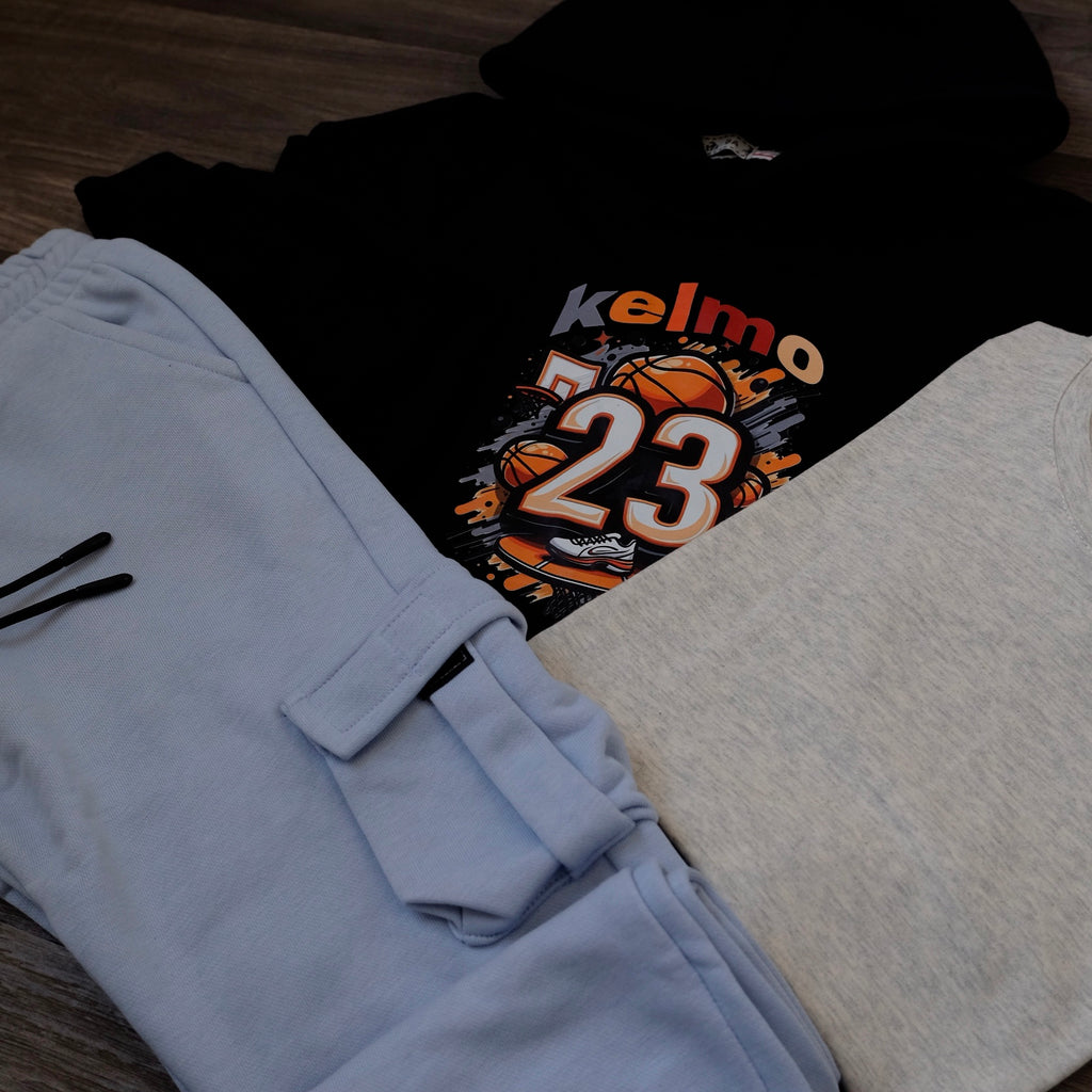 Ensemble Enfant 3 Pieces Capuche Bleu Nuit Jord + jogging Cargo Ciel Clair + T-Shirt Gris Chine