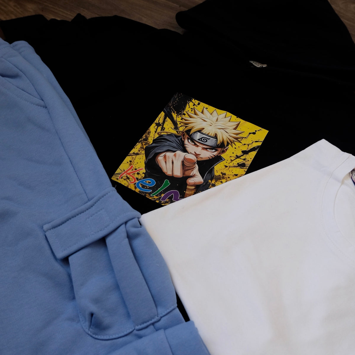 Ensemble Enfant 3 Pieces Capuche Bleu Nuit Naro + jogging Cargo Ciel Fonce + T-Shirt Blanc