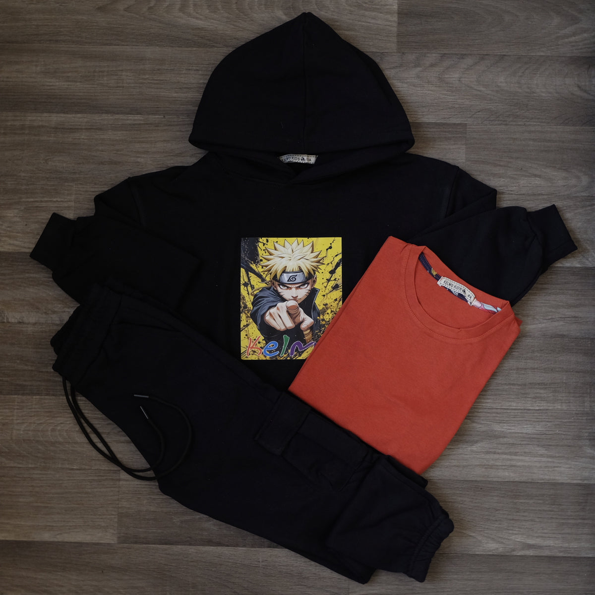 Ensemble Enfant 3 Pieces Capuche Bleu Nuit Naro + jogging Cargo Bleu Nuit + T-Shirt Rouge Brique