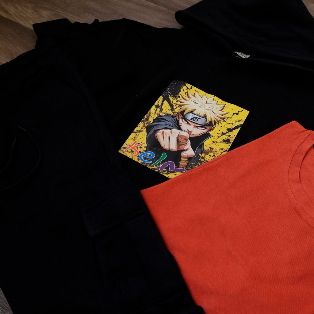 Ensemble Enfant 3 Pieces Capuche Bleu Nuit Naro + jogging Cargo Bleu Nuit + T-Shirt Rouge Brique