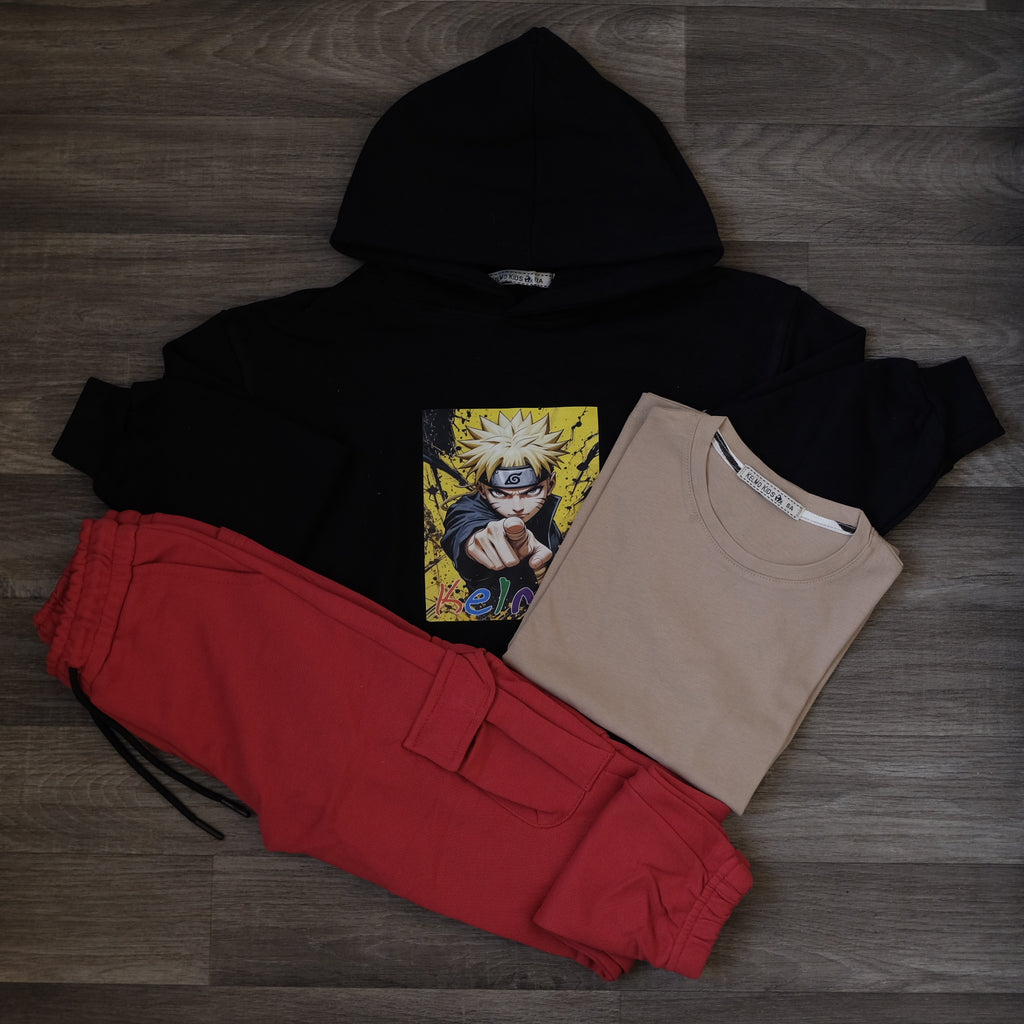 Ensemble Enfant 3 Pieces Capuche Bleu Nuit Naro + jogging Cargo Coraille + T-Shirt Beige