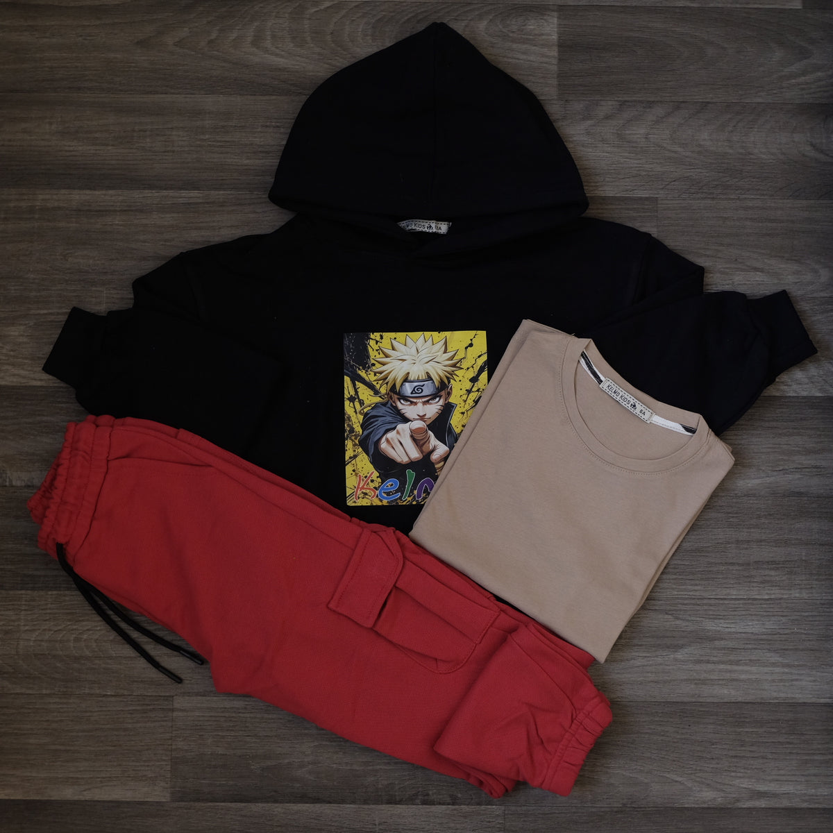 Ensemble Enfant 3 Pieces Capuche Bleu Nuit Naro + jogging Cargo Coraille + T-Shirt Beige