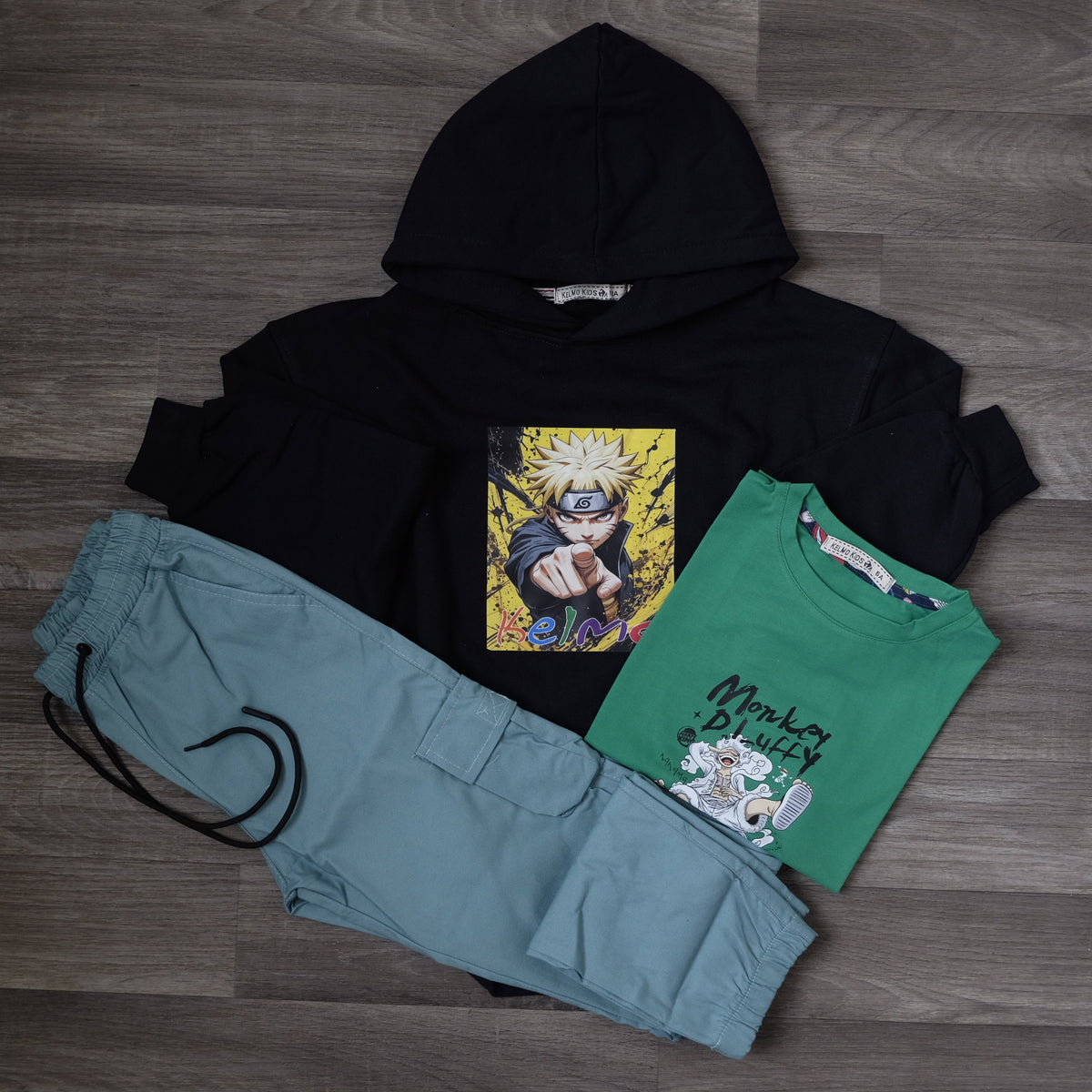 Ensemble Enfant 3 Pieces Capuche Bleu Nuit Naroto + Cargo Bleu Canard + T-Shirt  Vert Luffy