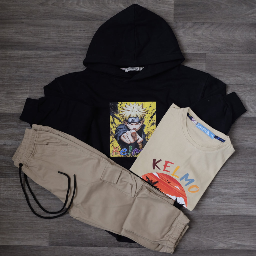 Ensemble Enfant 3 Pieces Capuche Bleu Nuit + Cargo Beige+ T-Shirt Beige Kelmo