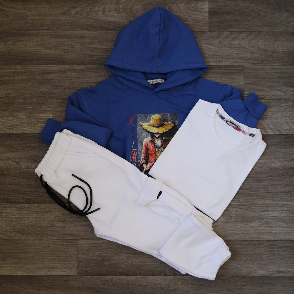 Ensemble Enfant 3 Pieces Capuche Bleu Roi Luffy +jogging Cargo Blanc + T-Shirt Blanc