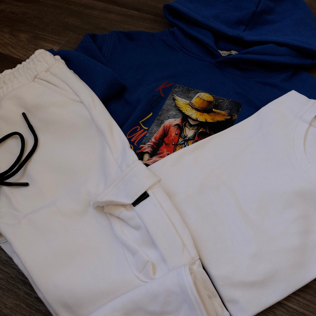 Ensemble Enfant 3 Pieces Capuche Bleu Roi Luffy +jogging Cargo Blanc + T-Shirt Blanc