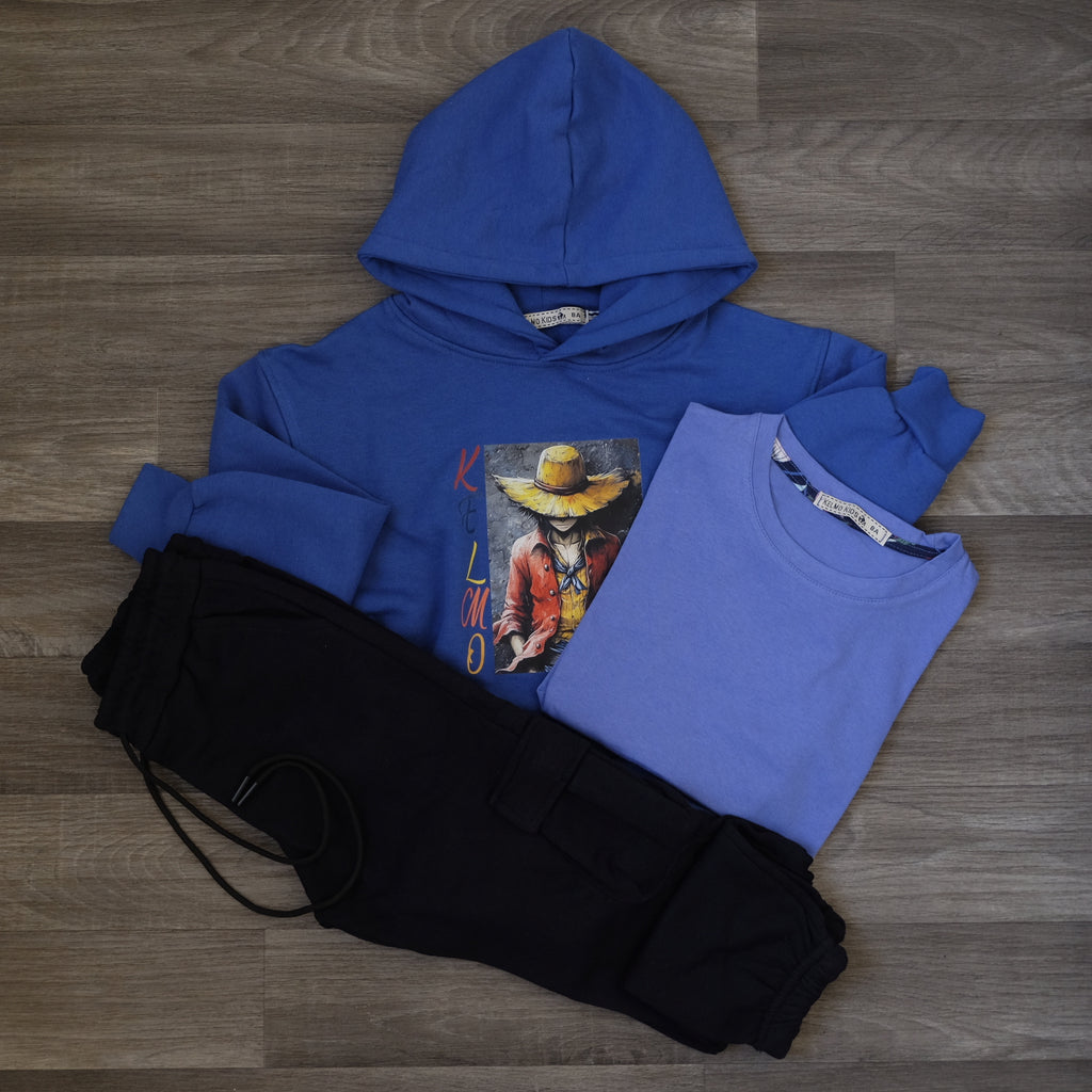 Ensemble Enfant 3 Pieces Capuche Bleu Roi Luffy +jogging Cargo Bleu Nuit + T-Shirt Indigo