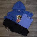 Ensemble Enfant 3 Pieces Capuche Bleu Roi Luffy +jogging Cargo Bleu Nuit + T-Shirt Indigo