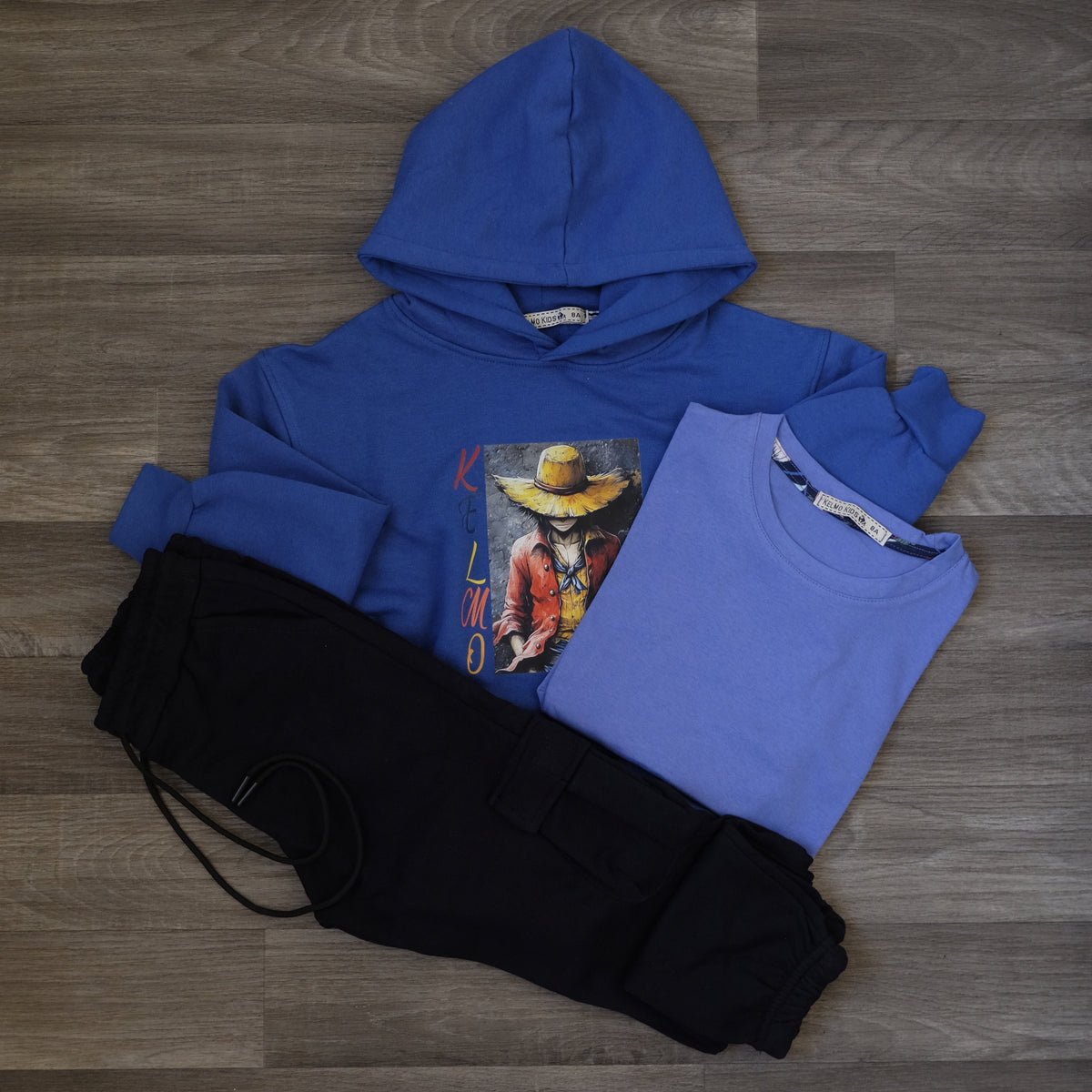 Ensemble Enfant 3 Pieces Capuche Bleu Roi Luffy +jogging Cargo Bleu Nuit + T-Shirt Indigo