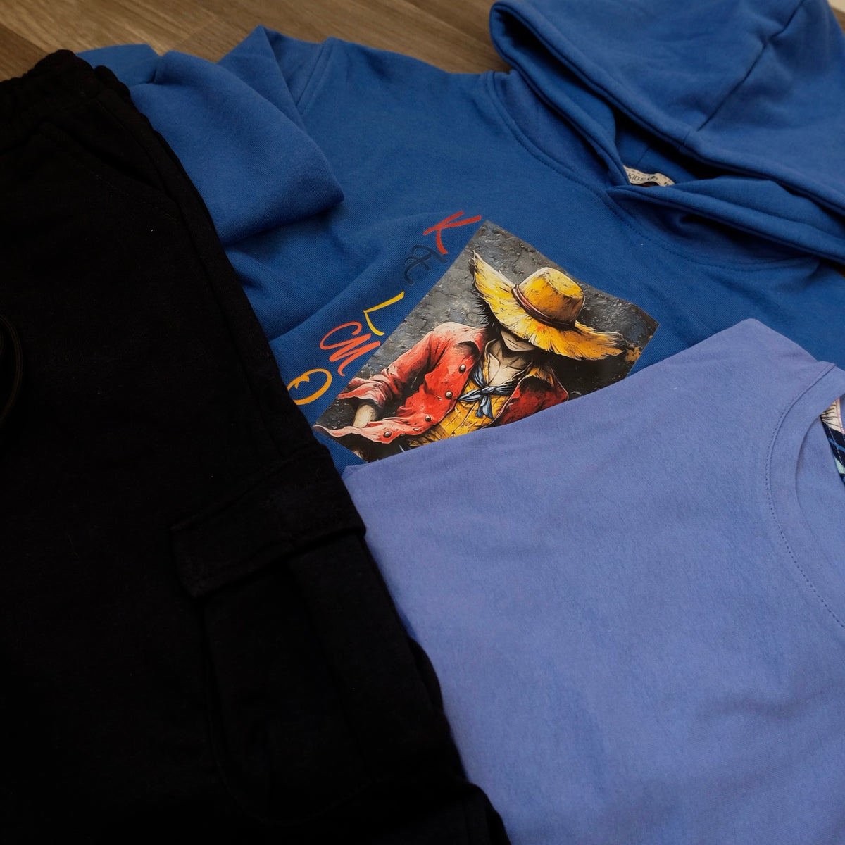 Ensemble Enfant 3 Pieces Capuche Bleu Roi Luffy +jogging Cargo Bleu Nuit + T-Shirt Indigo