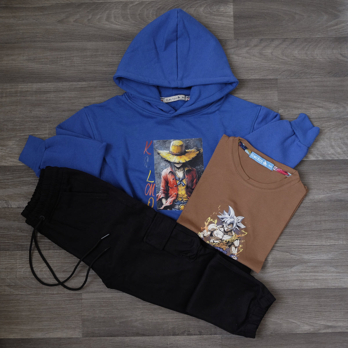 Ensemble Enfant 3 Pieces Capuche Bleu Roi + Cargo Bleu Nuit + T-Shirt Marron Naroto