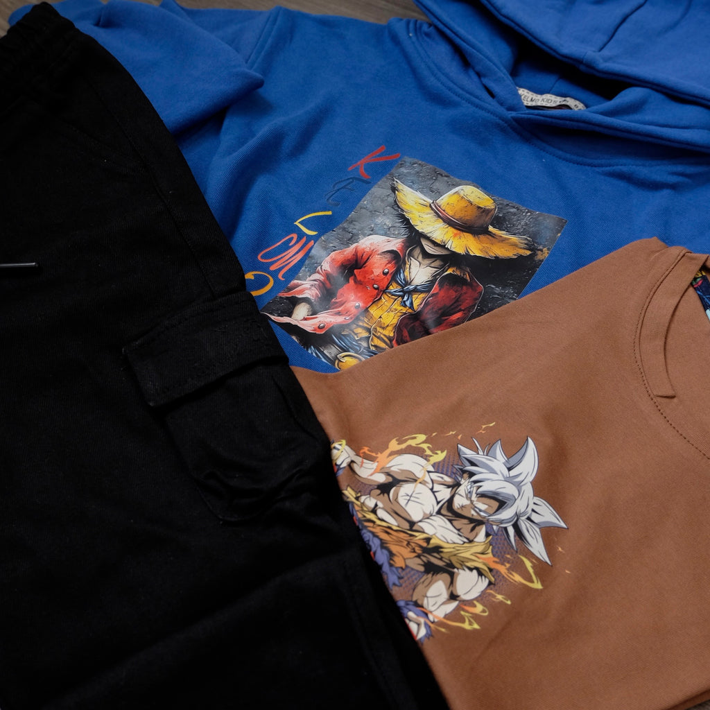 Ensemble Enfant 3 Pieces Capuche Bleu Roi + Cargo Bleu Nuit + T-Shirt Marron Naroto