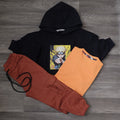 Ensemble Enfant 3 Pieces Capuche Bleu Nuit Naroto +jogging Cargo Rouge Brique+ T-Shirt  Orange