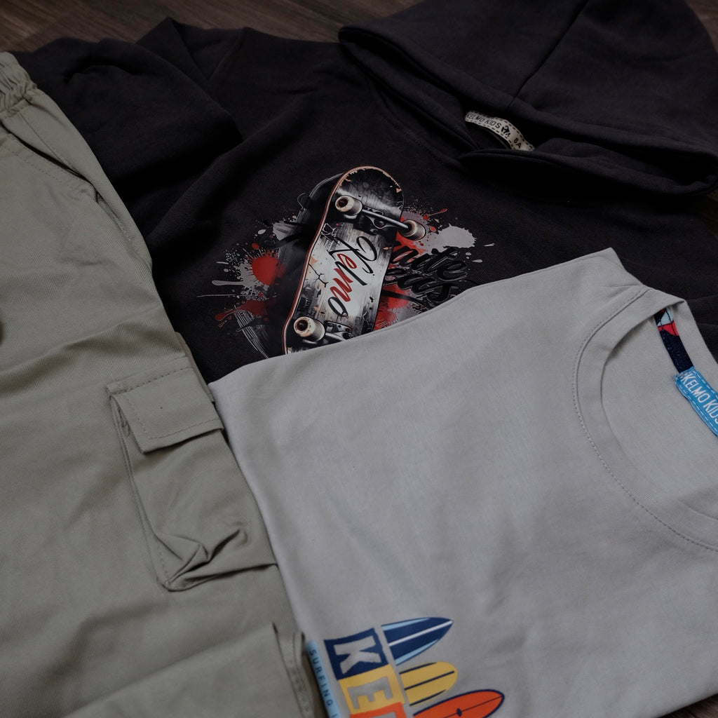 Ensemble Enfant 3 Pieces Capuche Gris Nardo Sky + Cargo Gris Clair + T-Shirt Gris Clair Kelmo
