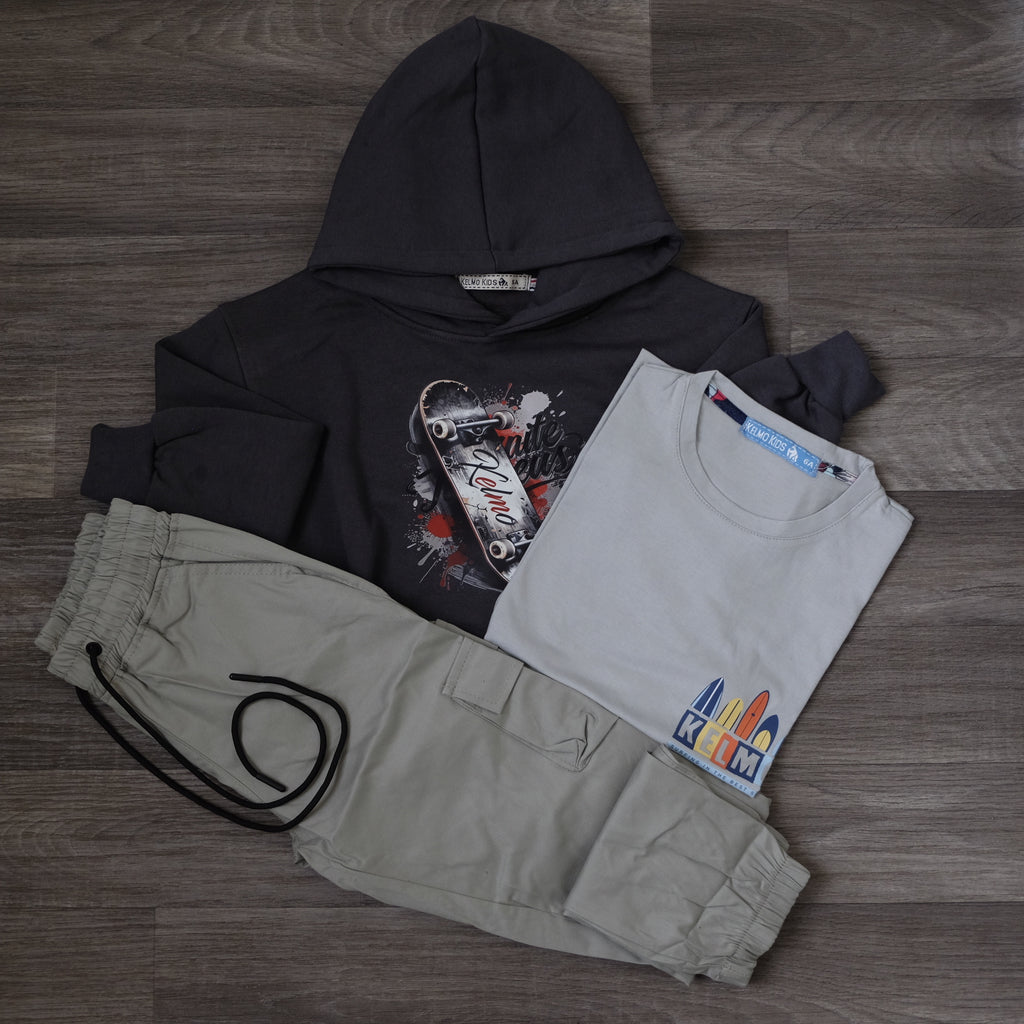 Ensemble Enfant 3 Pieces Capuche Gris Nardo Sky + Cargo Gris Clair + T-Shirt Gris Clair Kelmo