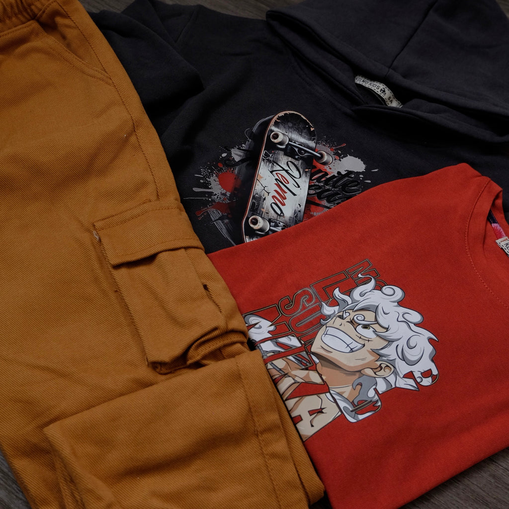 Ensemble Enfant 3 Pieces Capuche Gris Nardo Sky + Cargo Motard + T-Shirt  Rouge Briq Naro