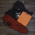 Ensemble Enfant 3 Pieces Capuche Gris Fonce sky +jogging Cargo Rouge Brique+ T-Shirt Orange