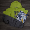 Ensemble Enfant 3 Pieces Capuche Vert Fluo + Cargo Gris Fonce+ T-Shirt Fleure