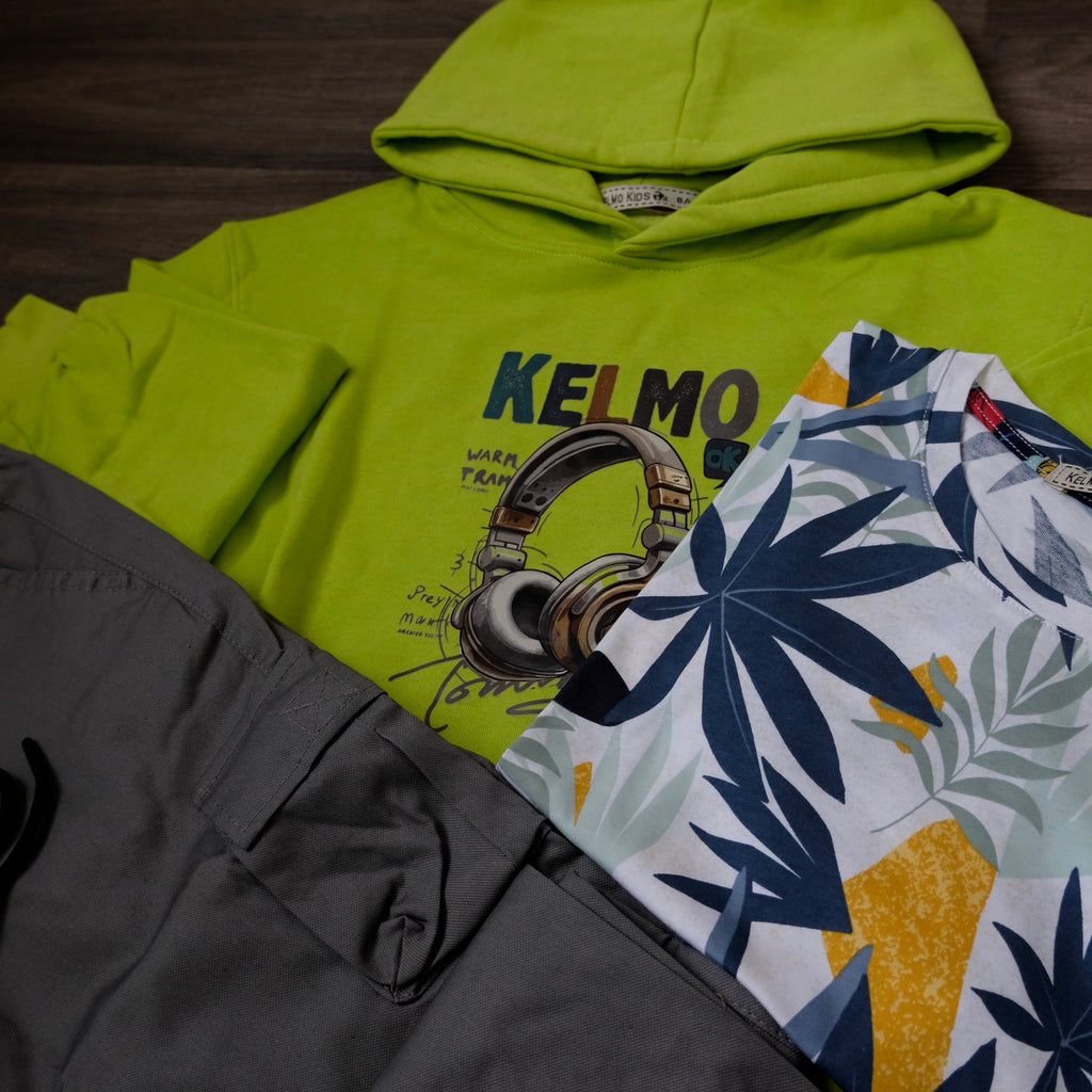 Ensemble Enfant 3 Pieces Capuche Vert Fluo + Cargo Gris Fonce+ T-Shirt Fleure