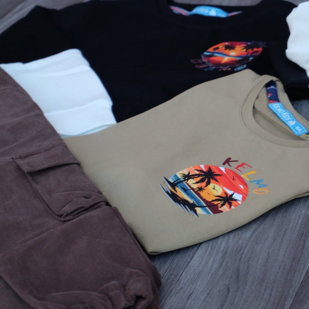 Ensemble Enfant 3 Pieces Cargo Marron + Sweat Noir + T-Shirt Kaki