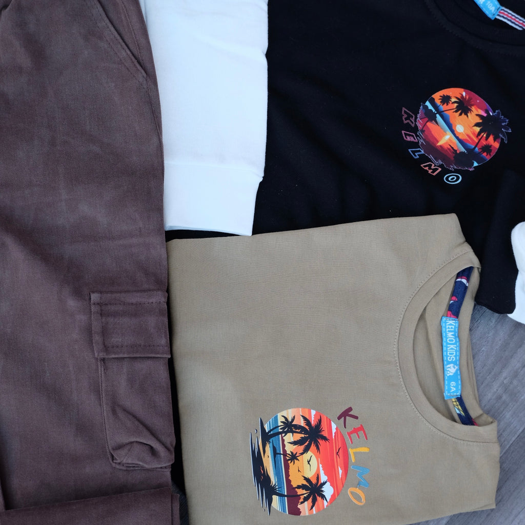 Ensemble Enfant 3 Pieces Cargo Marron + Sweat Noir + T-Shirt Kaki