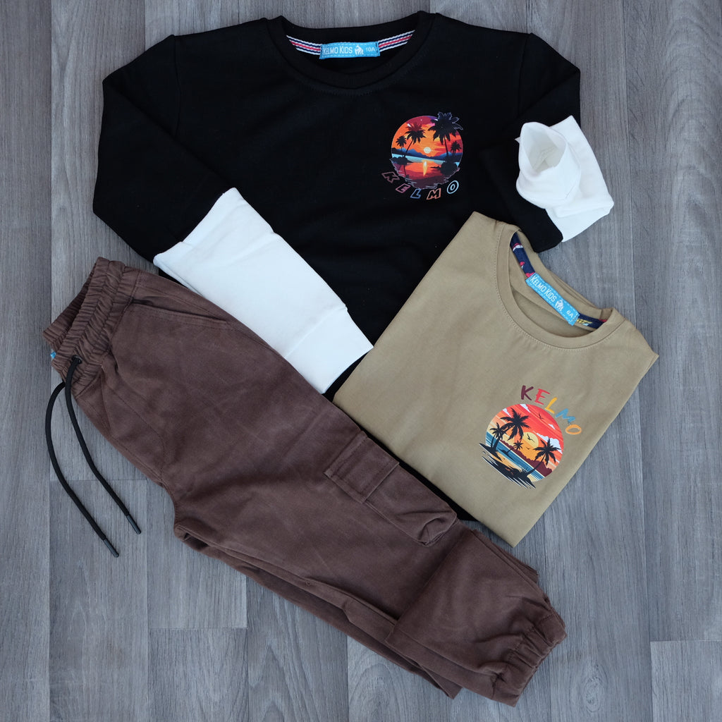 Ensemble Enfant 3 Pieces Cargo Marron + Sweat Noir + T-Shirt Kaki