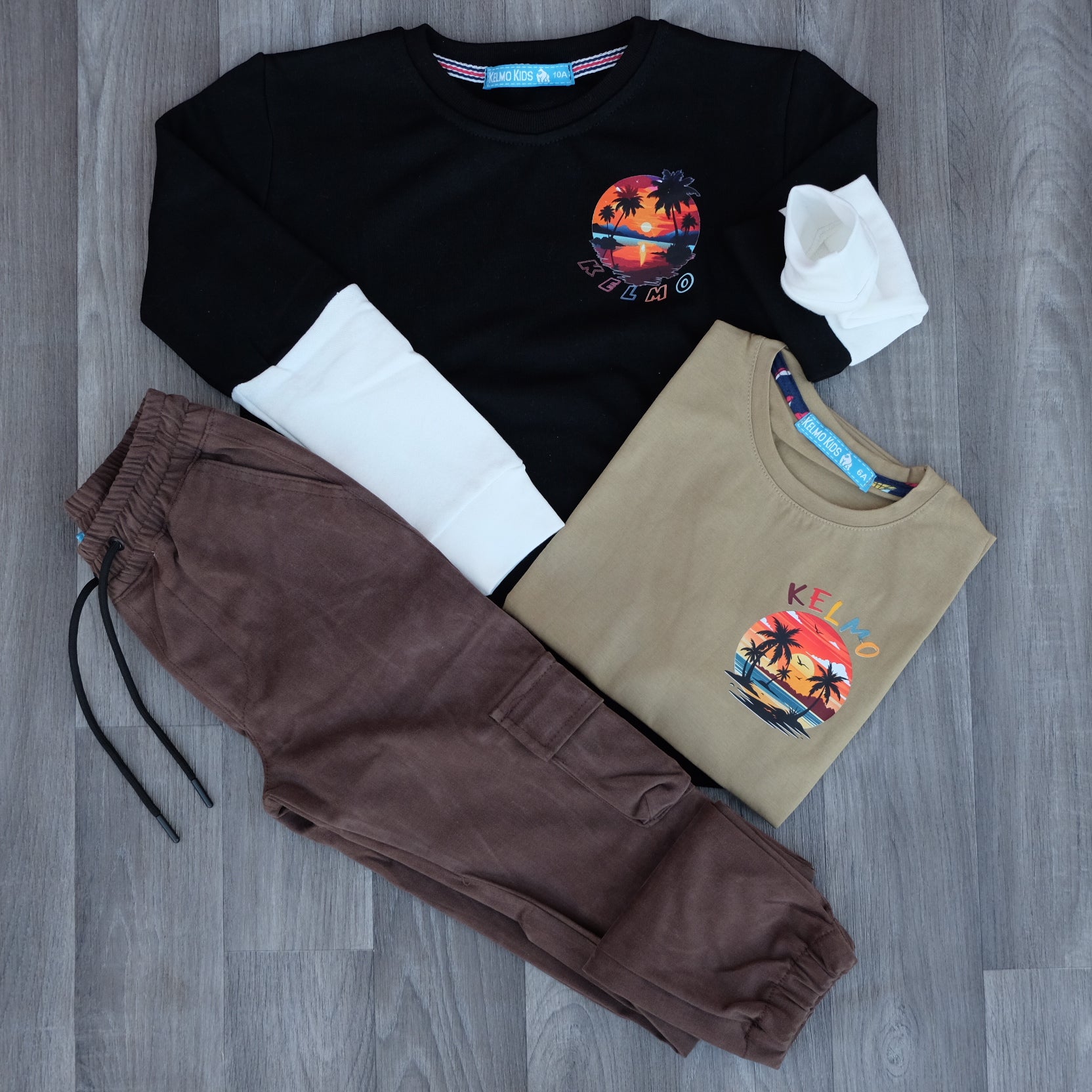 Ensemble Enfant 3 Pieces Cargo Marron + Sweat Noir + T-Shirt Kaki
