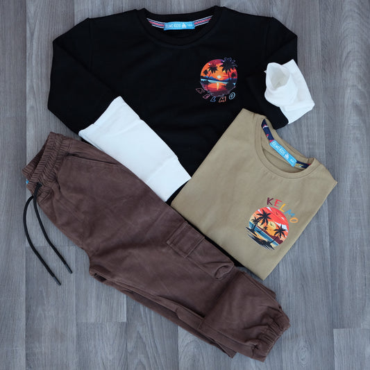 Ensemble Enfant 3 Pieces Cargo Marron + Sweat Noir + T-Shirt Kaki