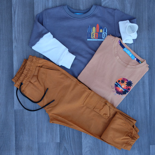Ensemble Enfant 3 Pieces Cargo Moutard + Sweat Gris Nardo + T-Shirt Marron Clair