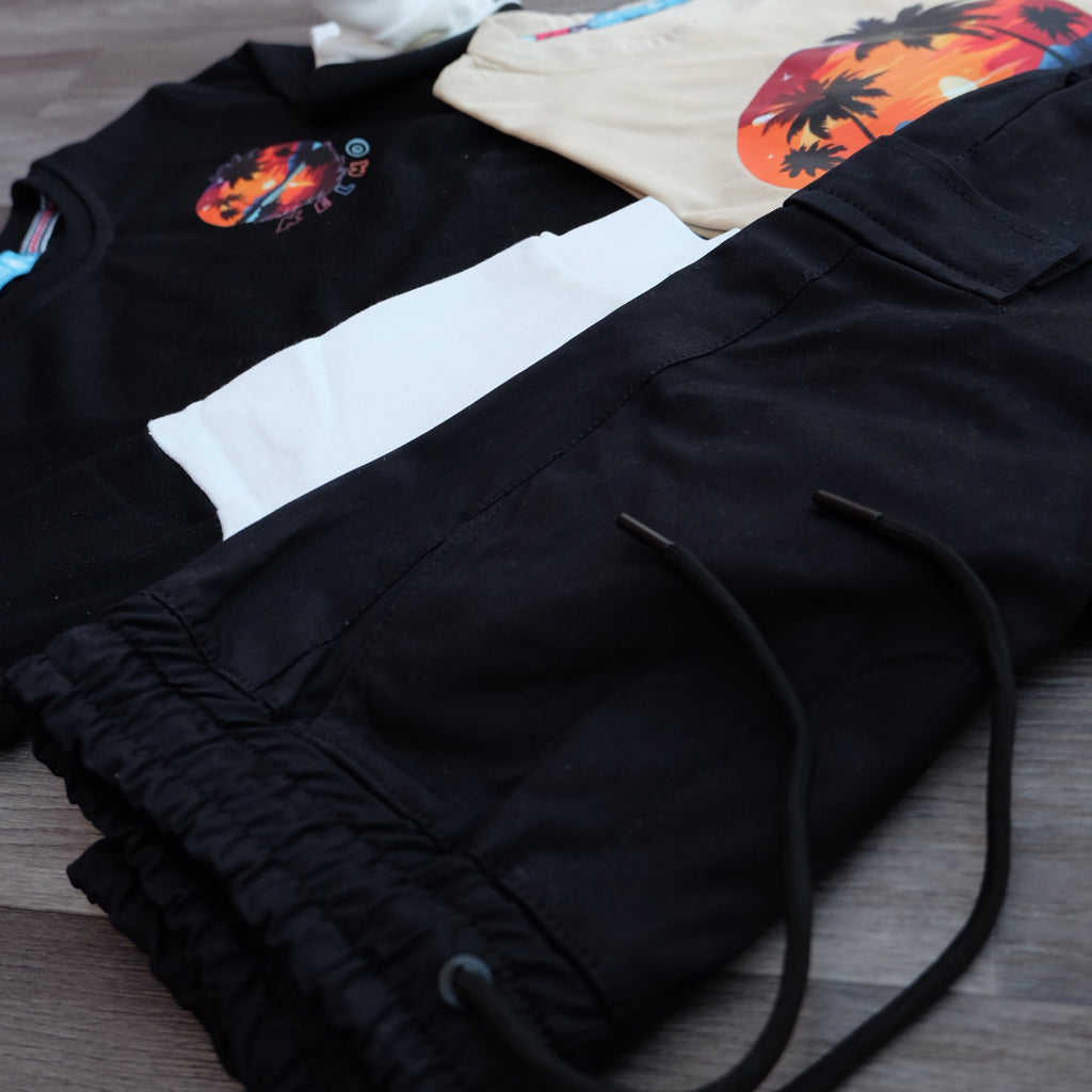 Ensemble Enfant 3 Pieces Cargo Noir + Sweat Noir + T-Shirt Beige