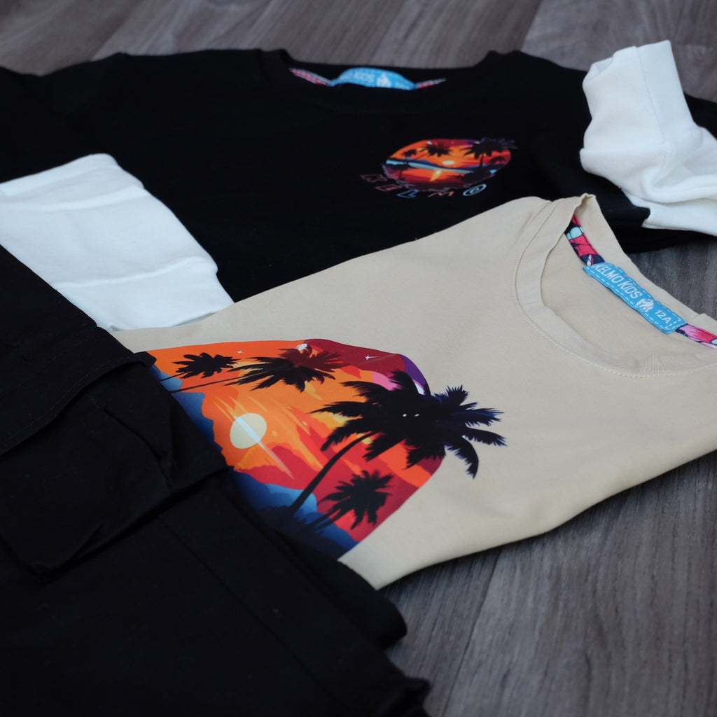 Ensemble Enfant 3 Pieces Cargo Noir + Sweat Noir + T-Shirt Beige