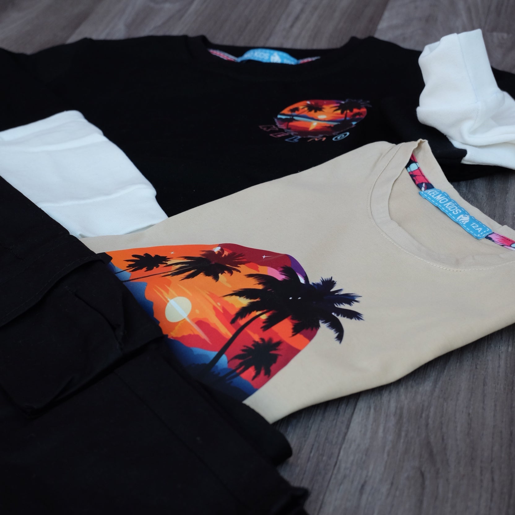 Ensemble Enfant 3 Pieces Cargo Noir + Sweat Noir + T-Shirt Beige