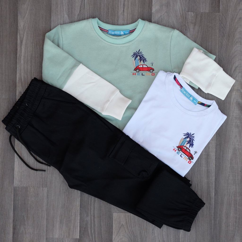 Ensemble Enfant 3 Pieces Cargo Noir + Sweat Vert Nil + T-Shirt Blanc