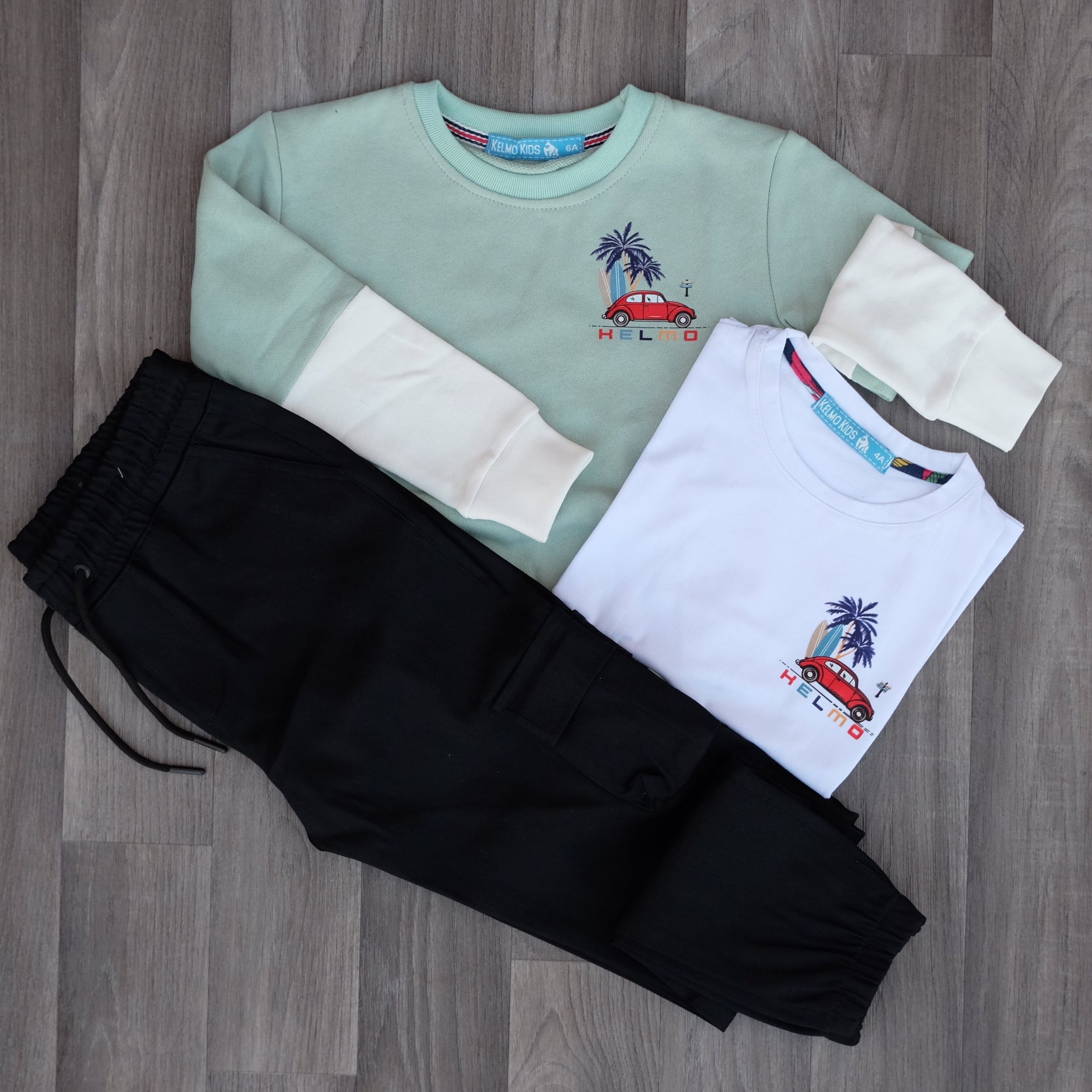 Ensemble Enfant 3 Pieces Cargo Noir + Sweat Vert Nil + T-Shirt Blanc