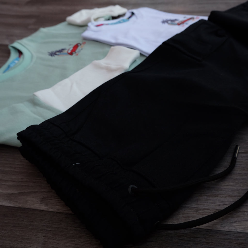 Ensemble Enfant 3 Pieces Cargo Noir + Sweat Vert Nil + T-Shirt Blanc