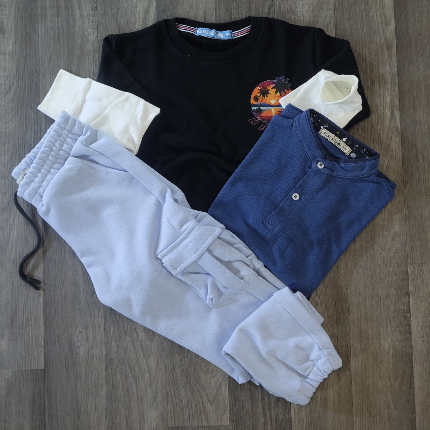 Ensemble Enfant 3 Pieces Jogging Cargo Bleu Ciel + Sweat Noir + Polo Bleu Indigo