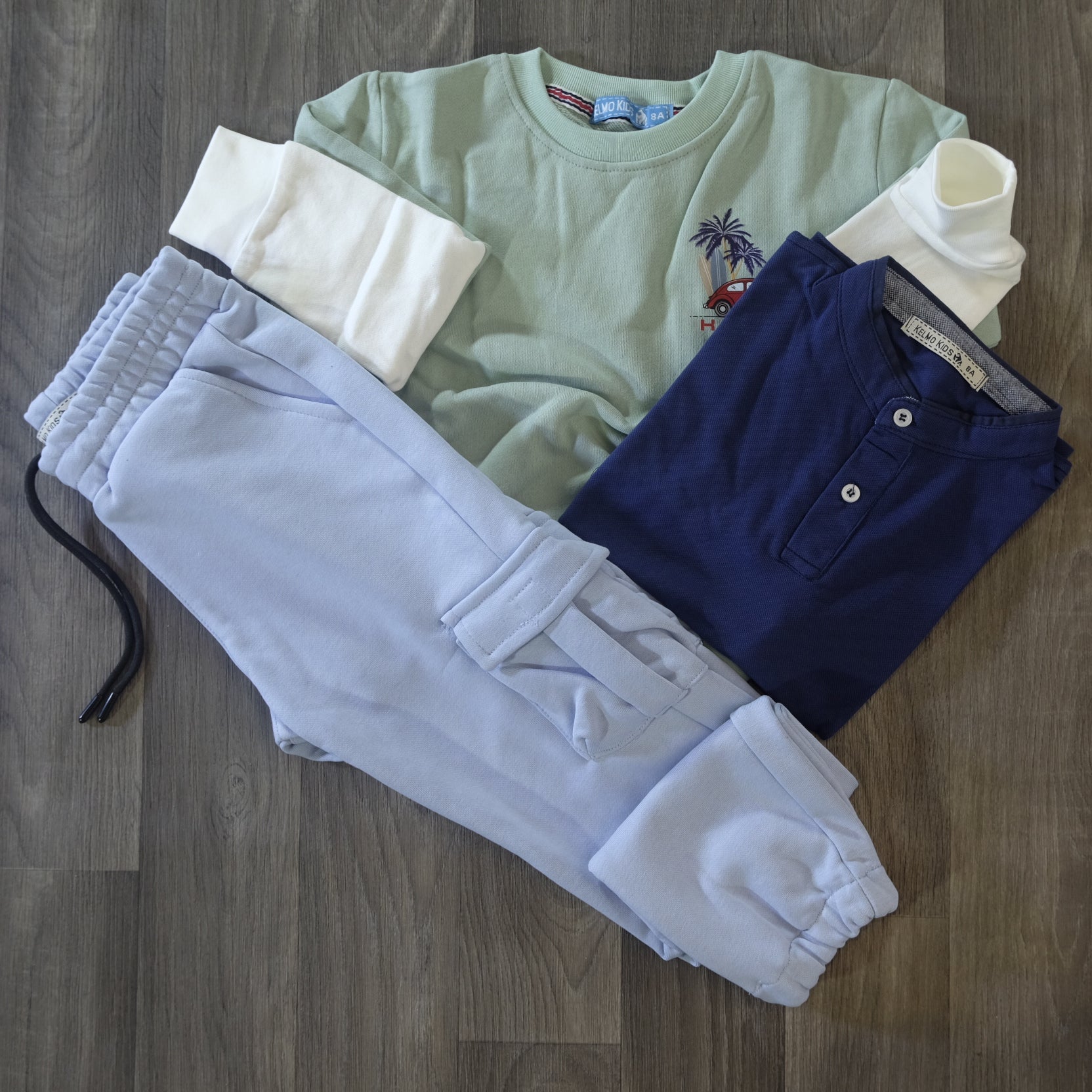 Ensemble Enfant 3 Pieces Jogging Cargo Bleu Ciel + Sweat Vert Eau + Polo Bleu Marine