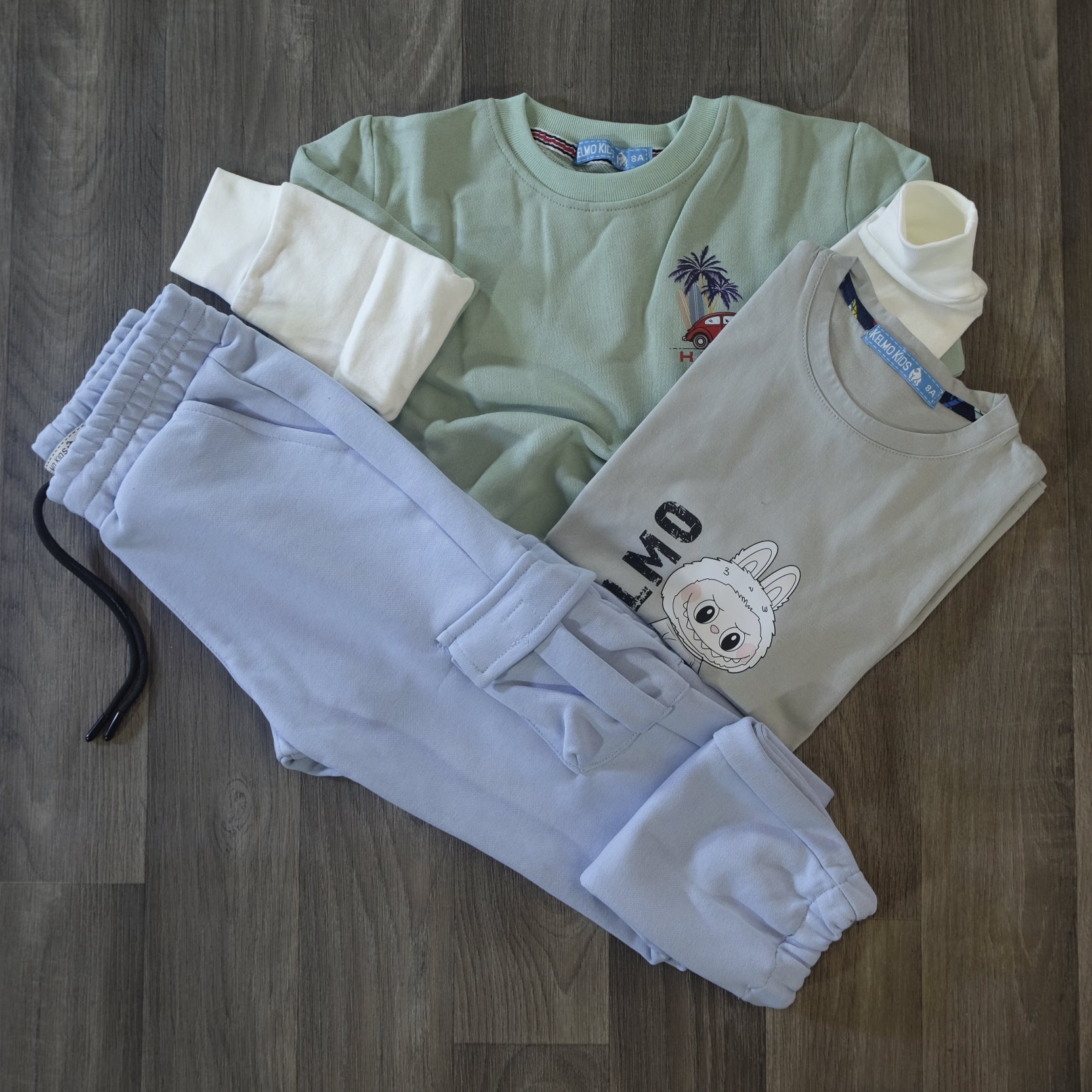 Ensemble Enfant 3 Pieces Jogging Cargo Ciel + Sweat Vert Eau + T-Shirt Gris Labo