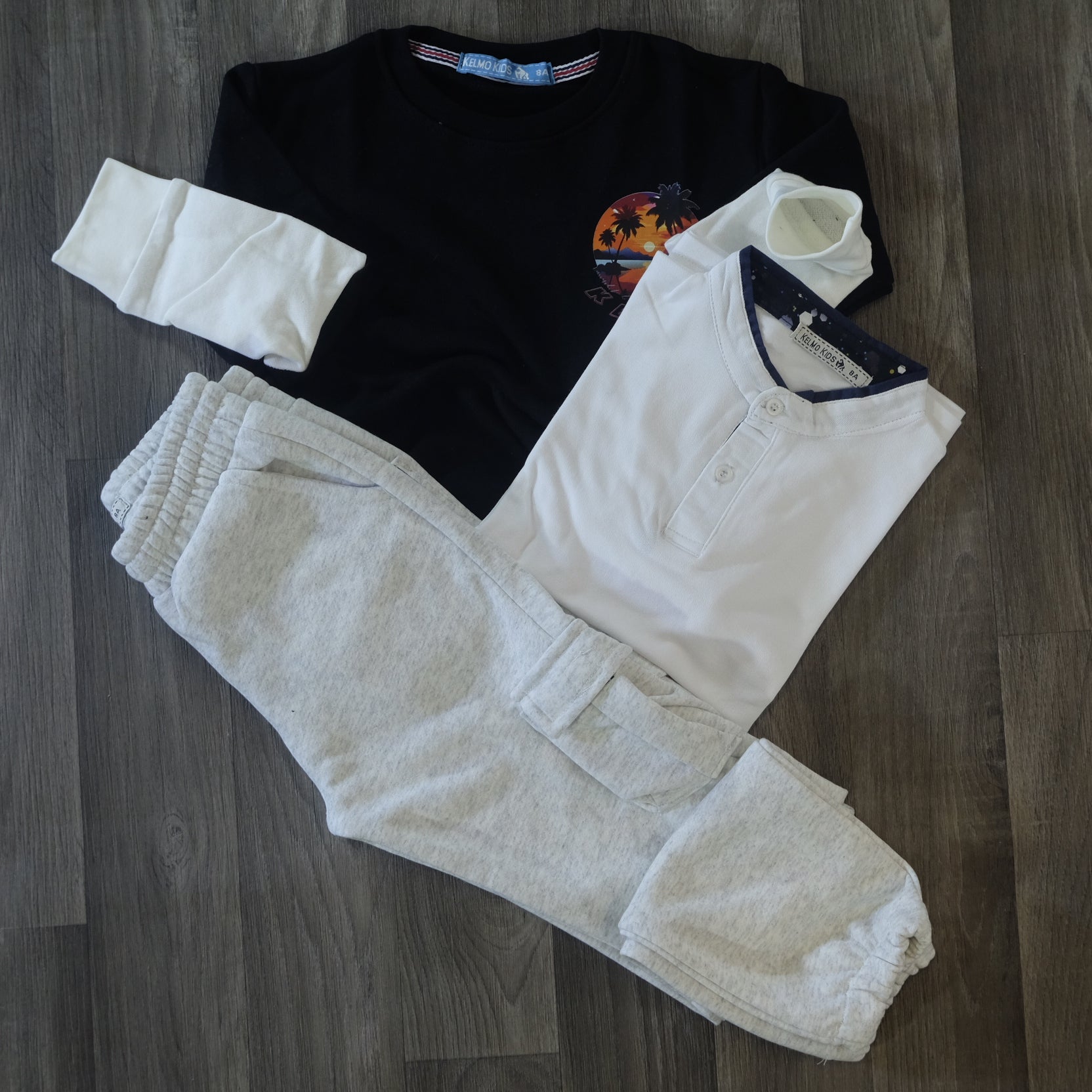 Ensemble Enfant 3 Pieces Jogging Cargo Gris + Sweat Noir + Polo Blanc