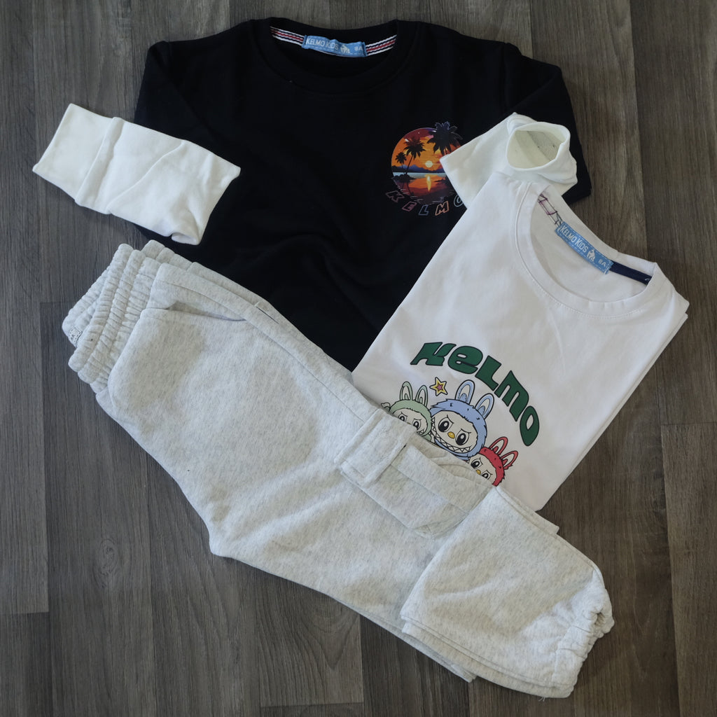 Ensemble Enfant 3 Pieces Jogging Cargo Gris + Sweat Noir + T-Shirt Blanc Labo