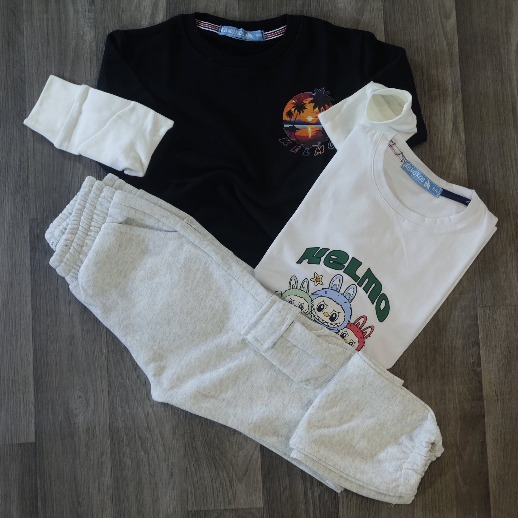 Ensemble Enfant 3 Pieces Jogging Cargo Gris + Sweat Noir + T-Shirt Blanc Labo