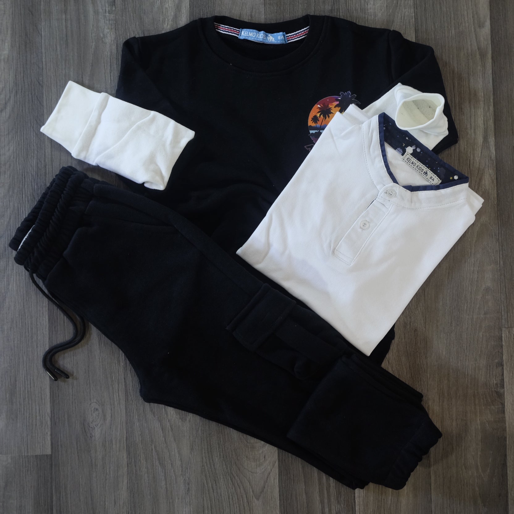 Ensemble Enfant 3 Pieces Jogging Cargo Noir + Sweat Noir + Polo Blanc