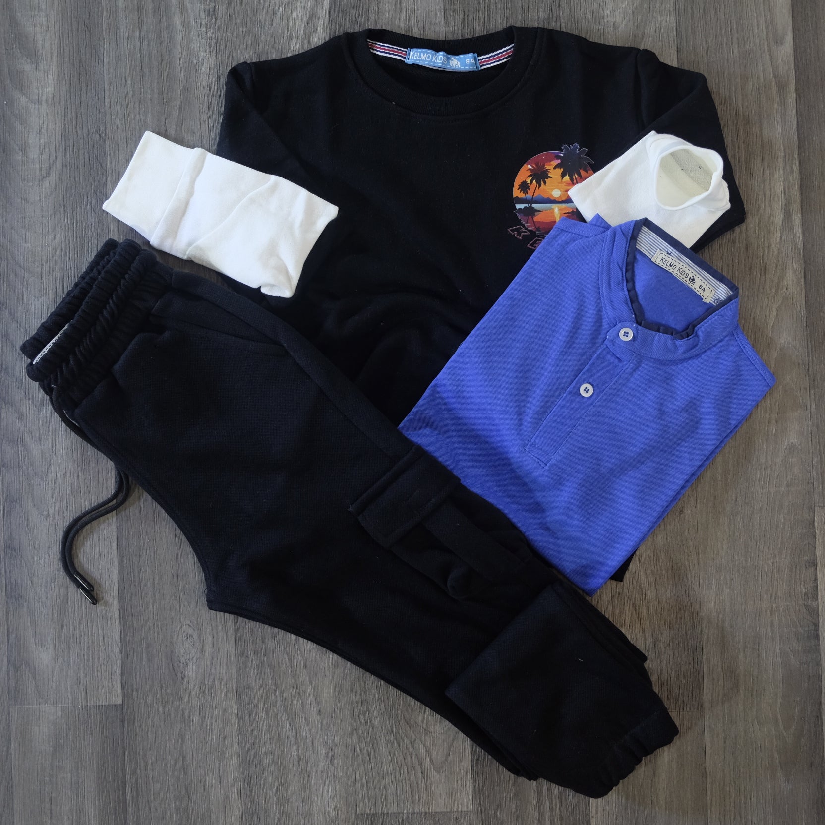 Ensemble Enfant 3 Pieces Jogging Cargo Noir + Sweat Noir + Polo Bleu Roi